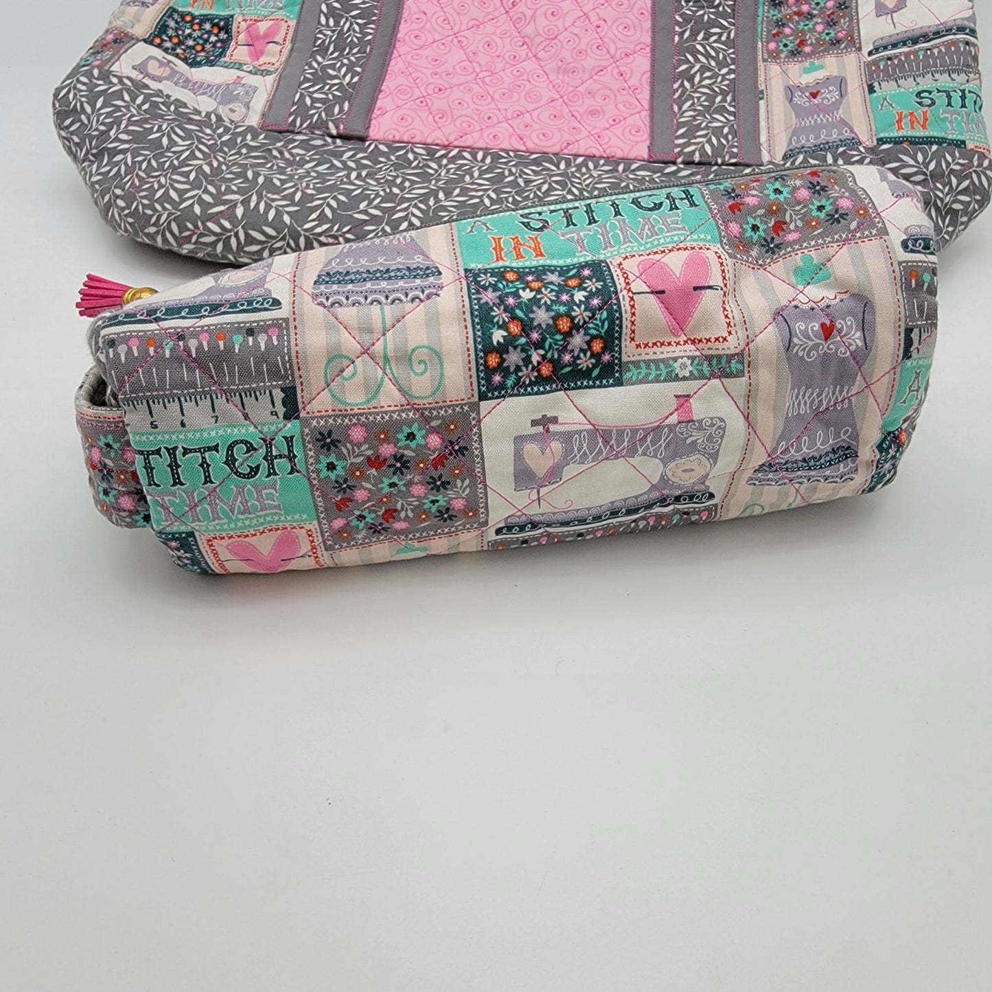 Handmade Quilted Carry-All Sewing Tote Bag With Matching Pouch