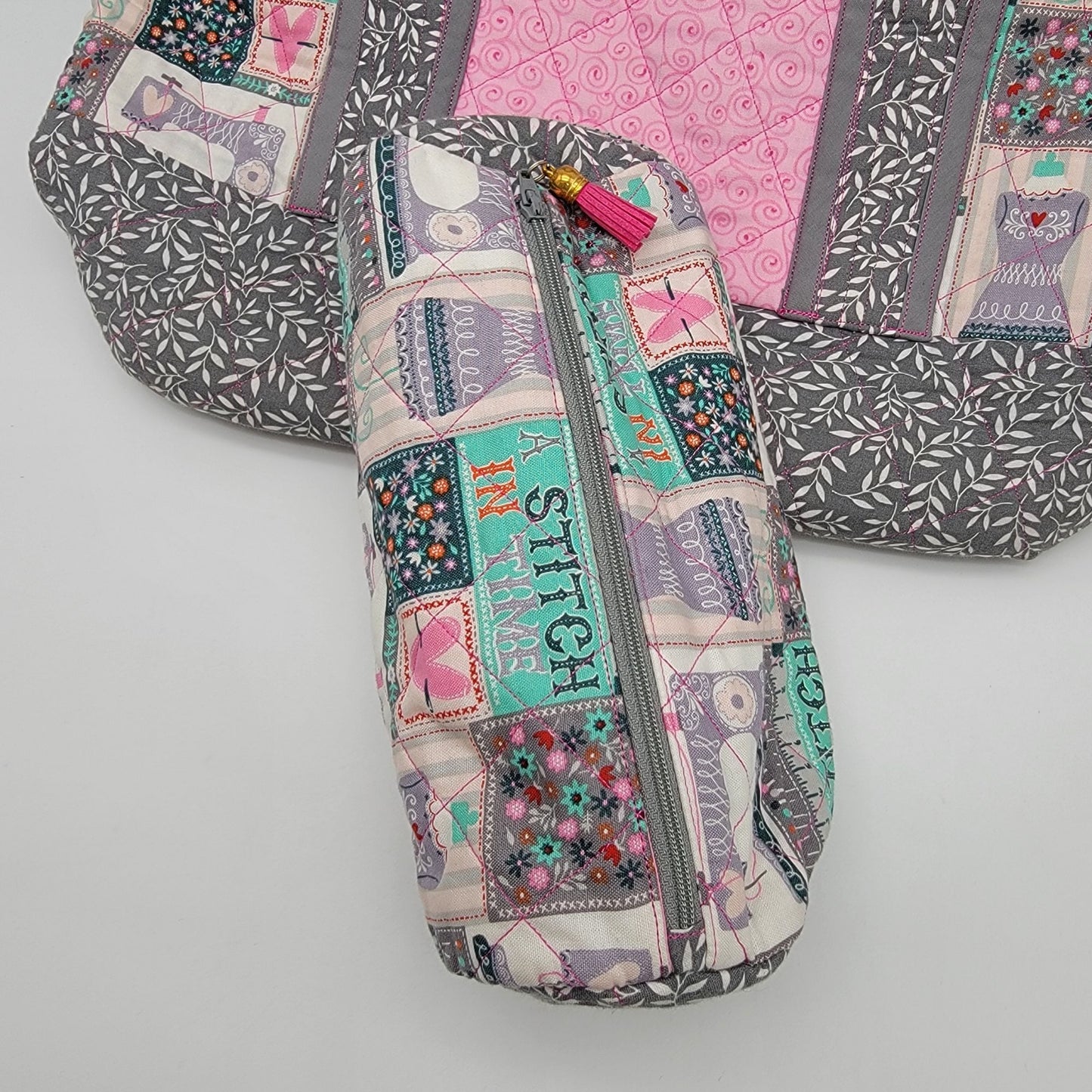 Handmade Quilted Carry-All Sewing Tote Bag With Matching Pouch