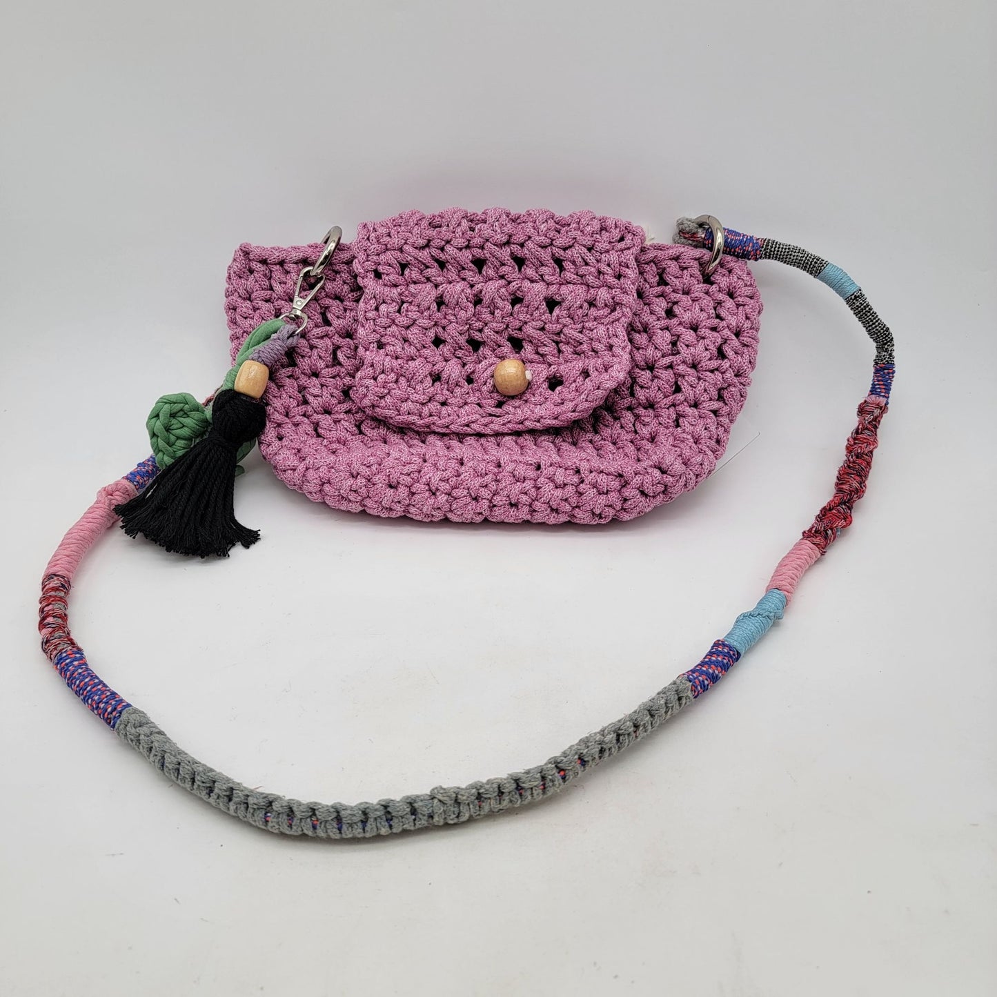 Handcrafted Shooci Crocheted Pink Shoulder Bag With Yarn Wrapped Strap & Tassel Accent