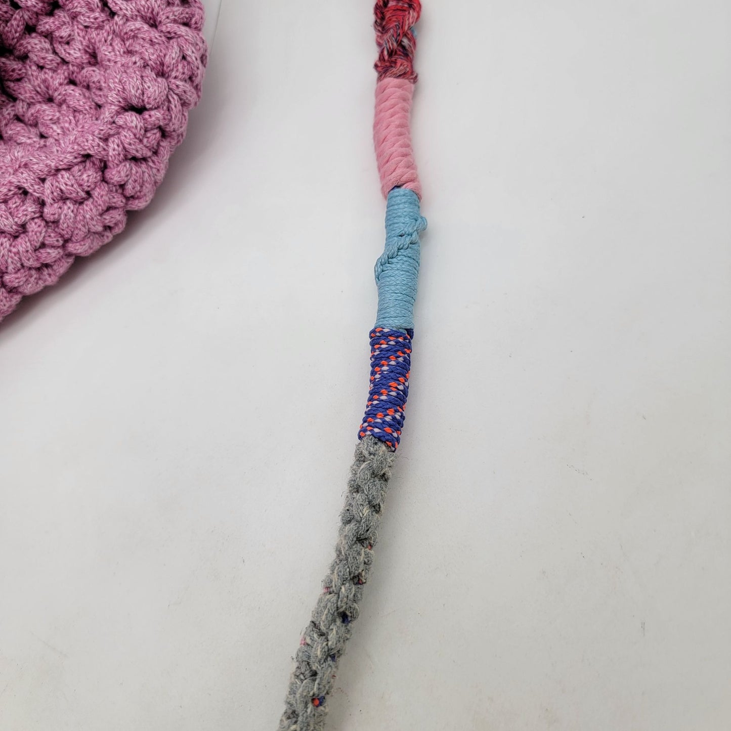 Handcrafted Shooci Crocheted Pink Shoulder Bag With Yarn Wrapped Strap & Tassel Accent