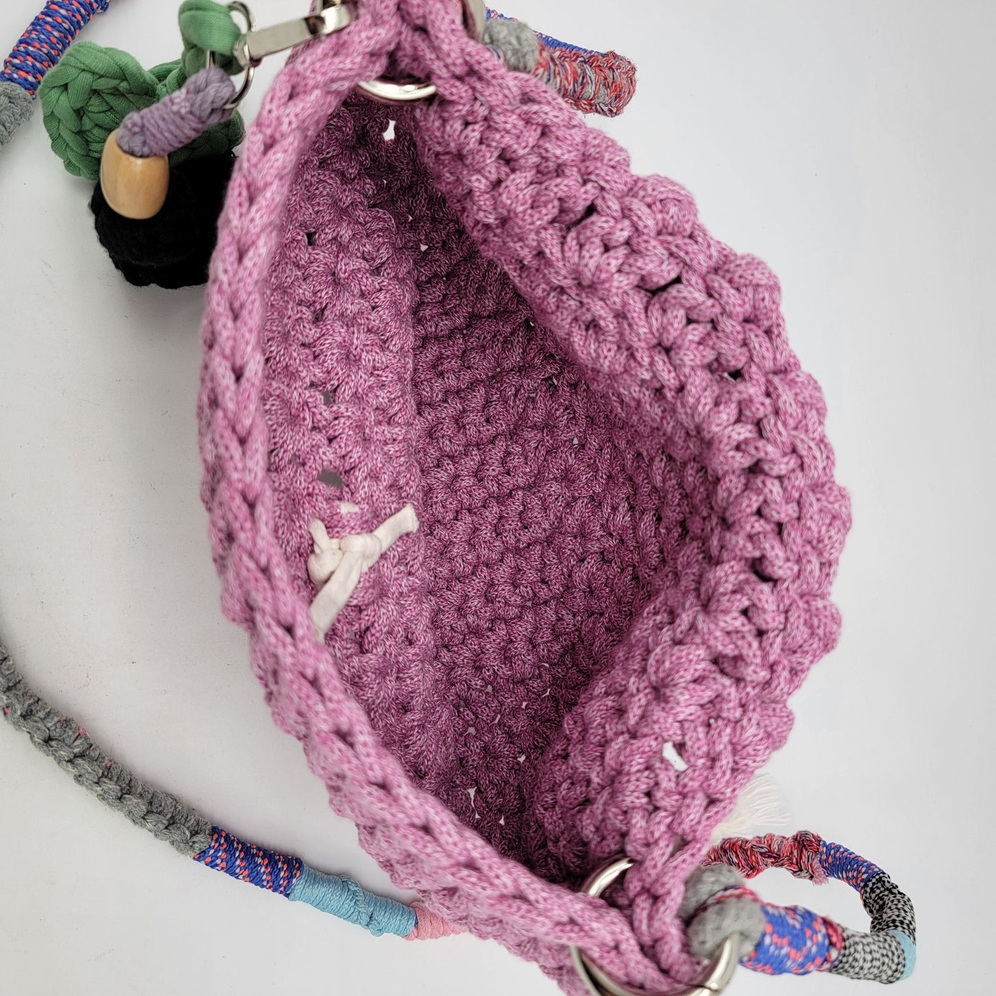 Handcrafted Shooci Crocheted Pink Shoulder Bag With Yarn Wrapped Strap & Tassel Accent