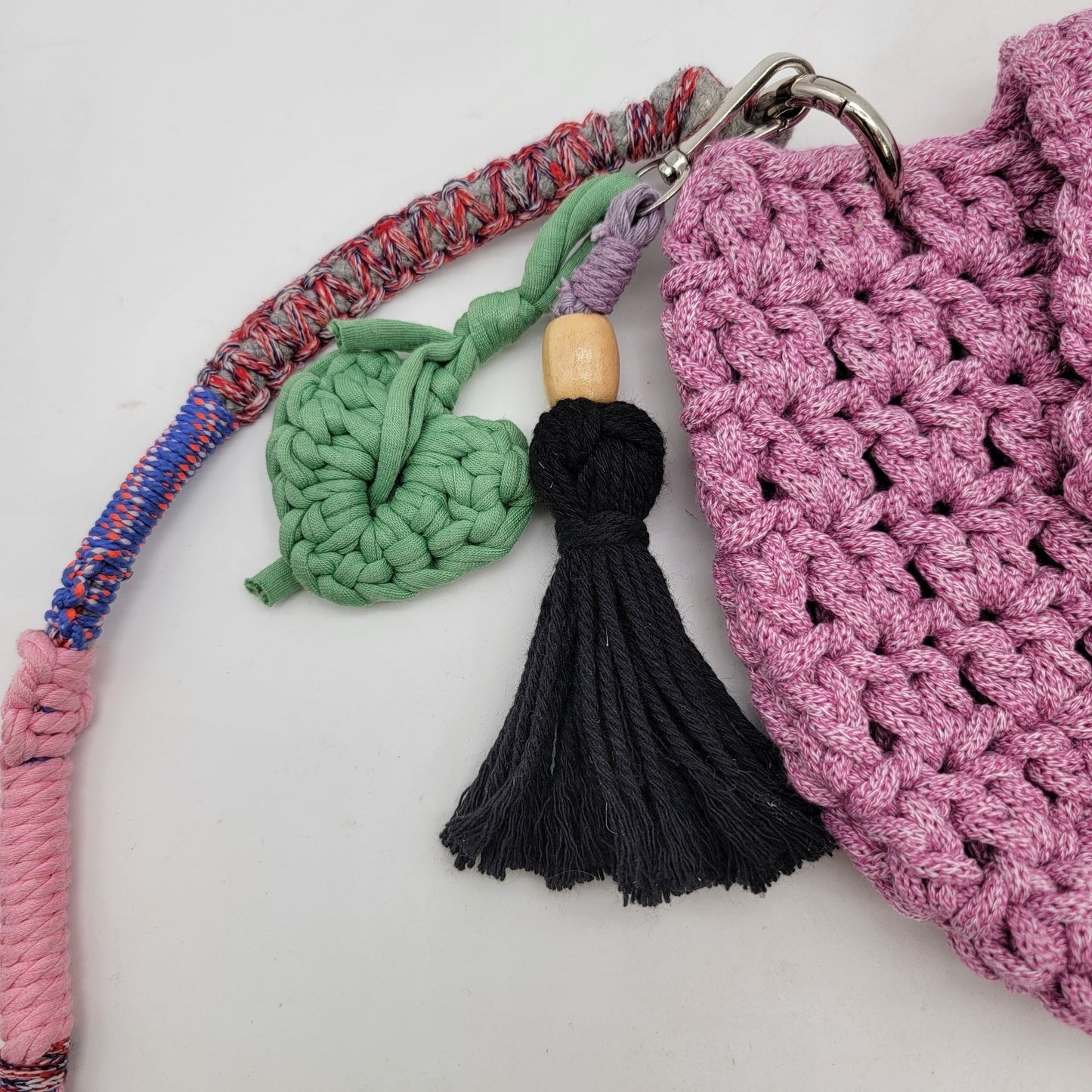 Handcrafted Shooci Crocheted Pink Shoulder Bag With Yarn Wrapped Strap & Tassel Accent