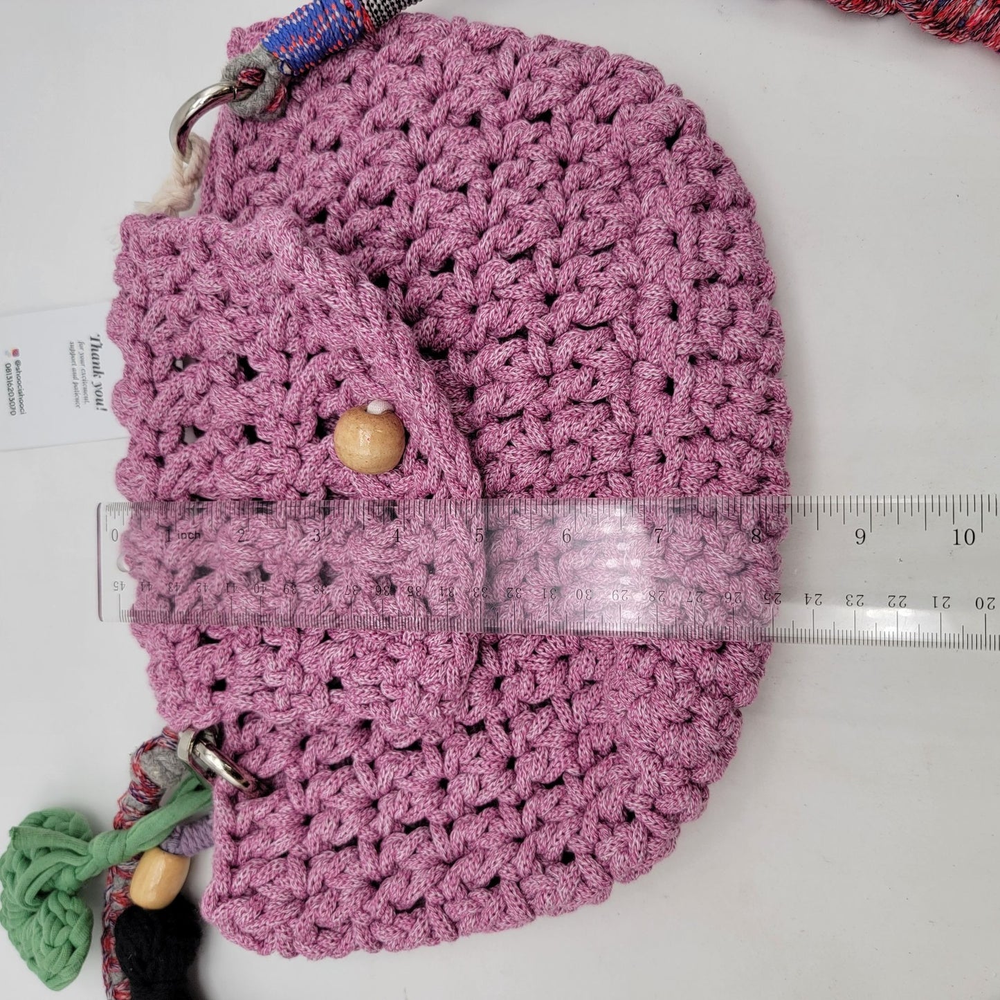 Handcrafted Shooci Crocheted Pink Shoulder Bag With Yarn Wrapped Strap & Tassel Accent
