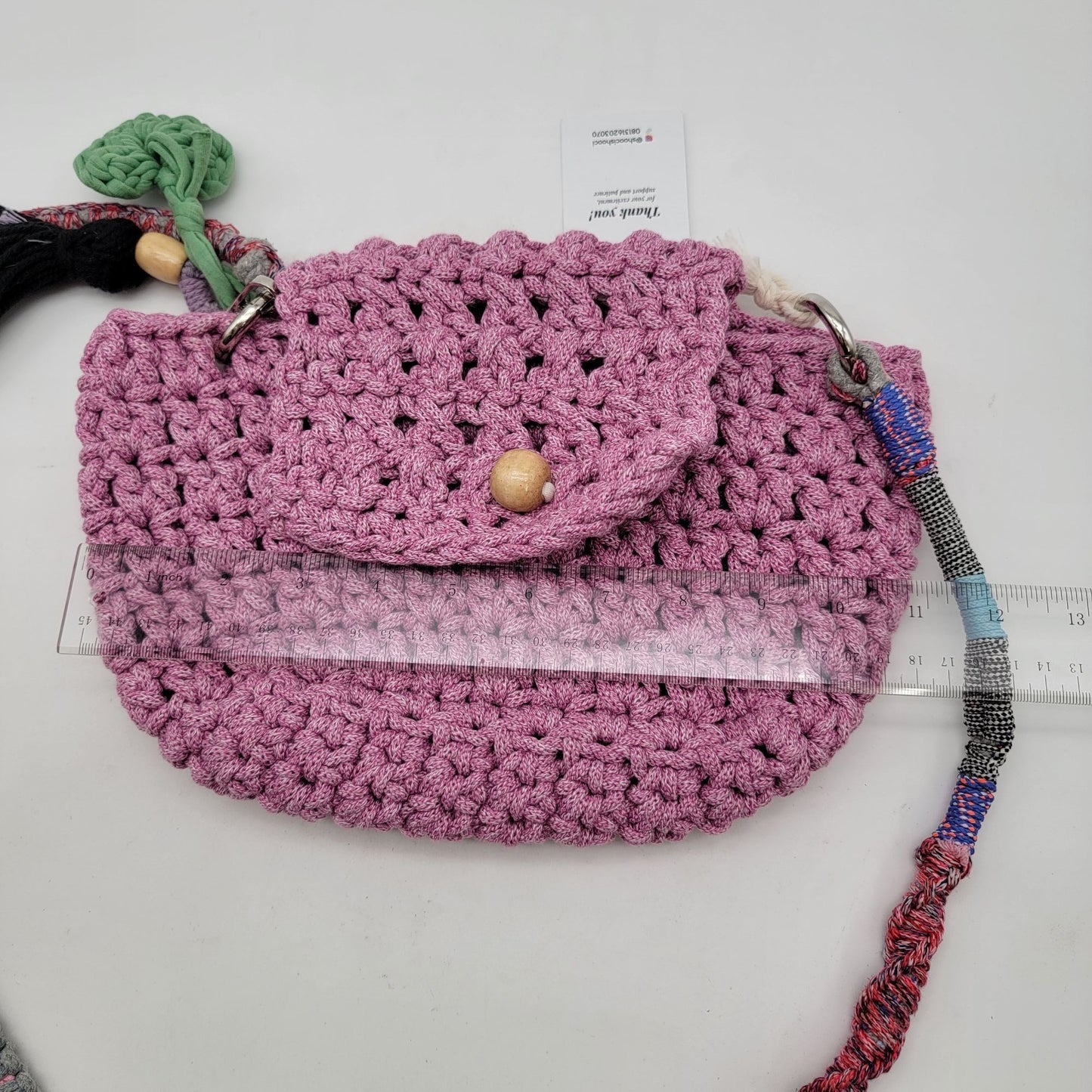 Handcrafted Shooci Crocheted Pink Shoulder Bag With Yarn Wrapped Strap & Tassel Accent