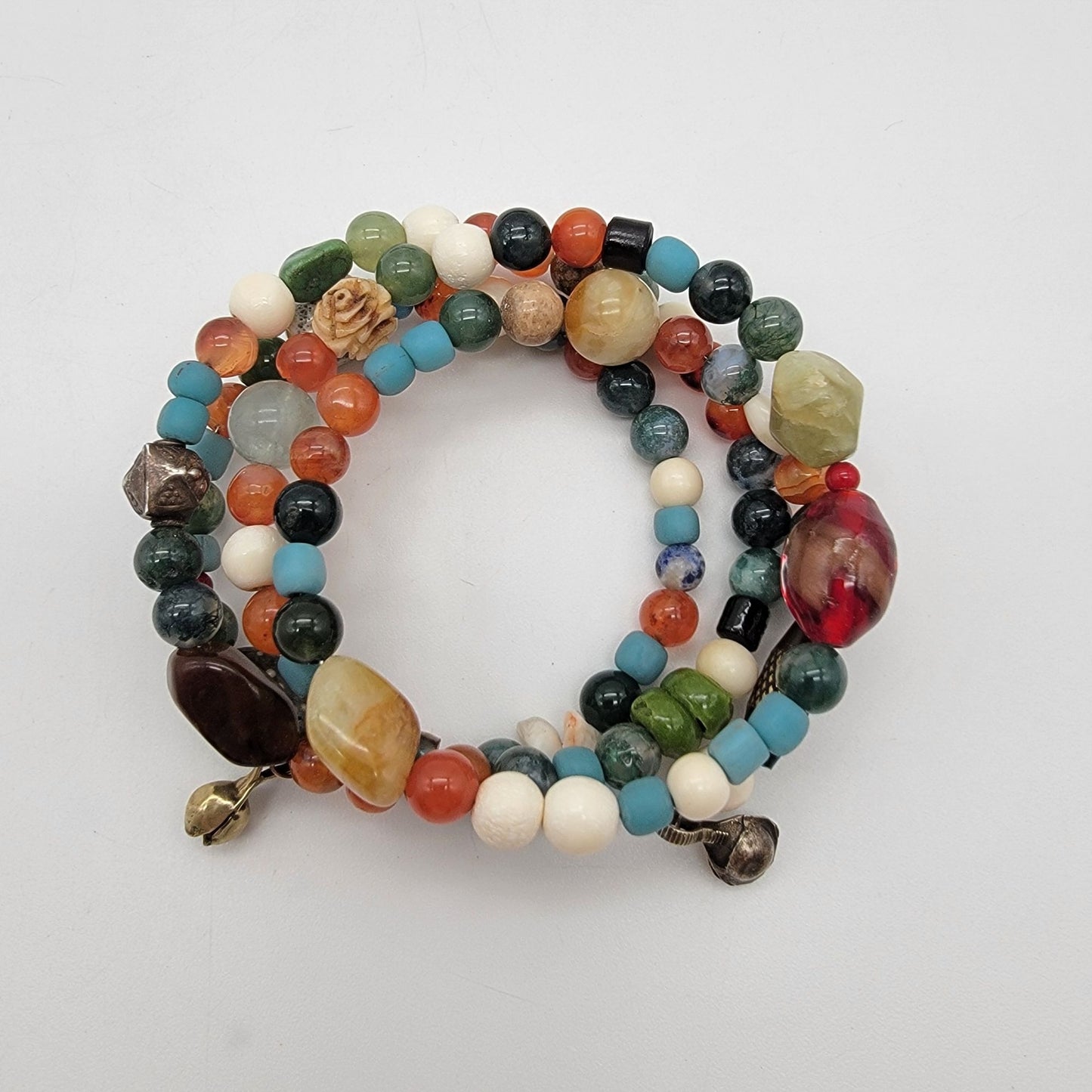 Boho Multi-Stone & Art Glass Beaded Memory Wire Bracelet
