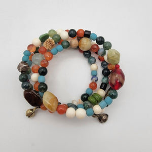 Boho Multi-Stone & Art Glass Beaded Memory Wire Bracelet