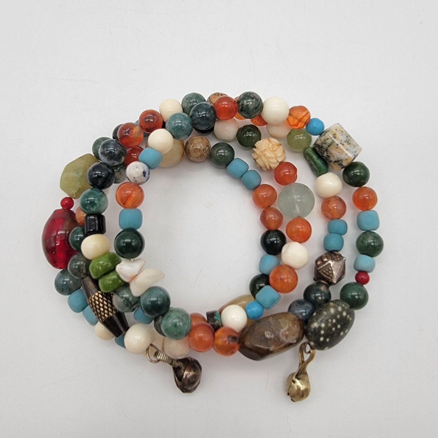 Boho Multi-Stone & Art Glass Beaded Memory Wire Bracelet