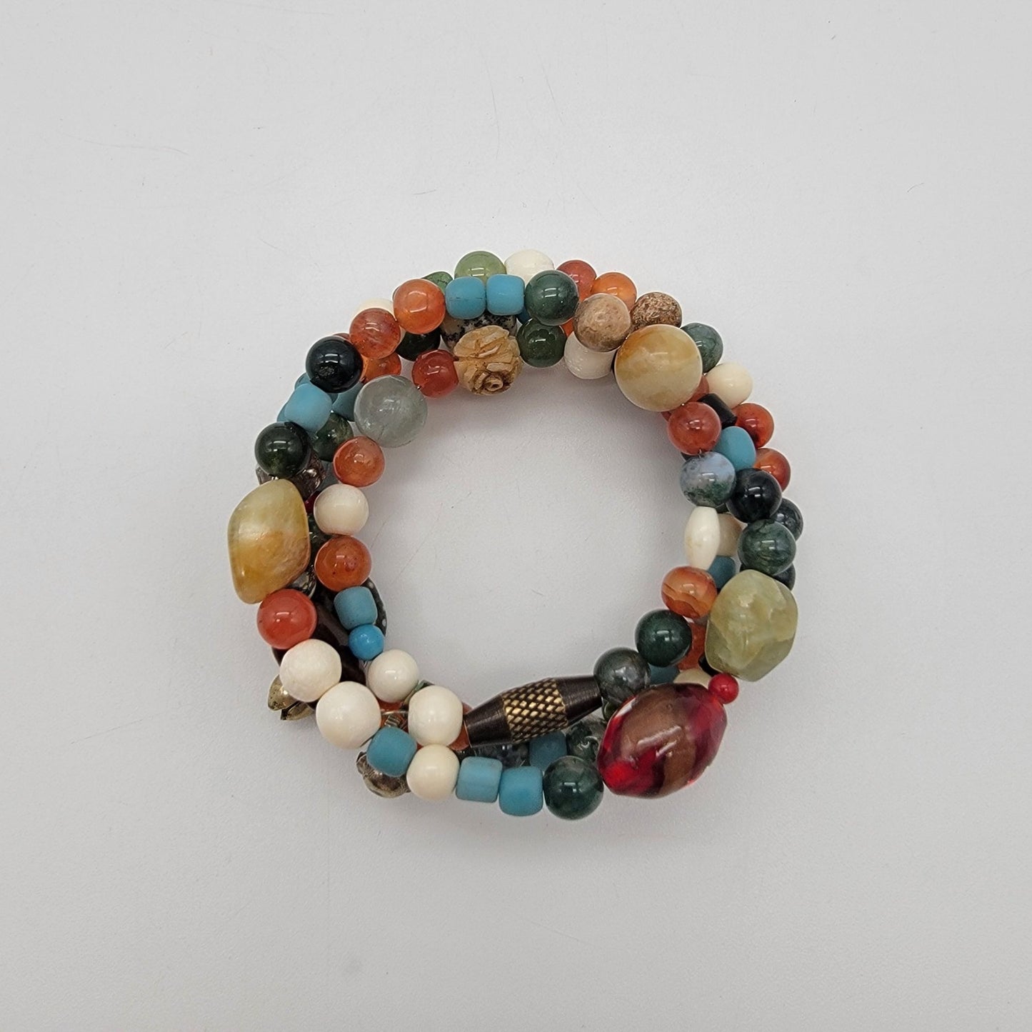 Boho Multi-Stone & Art Glass Beaded Memory Wire Bracelet
