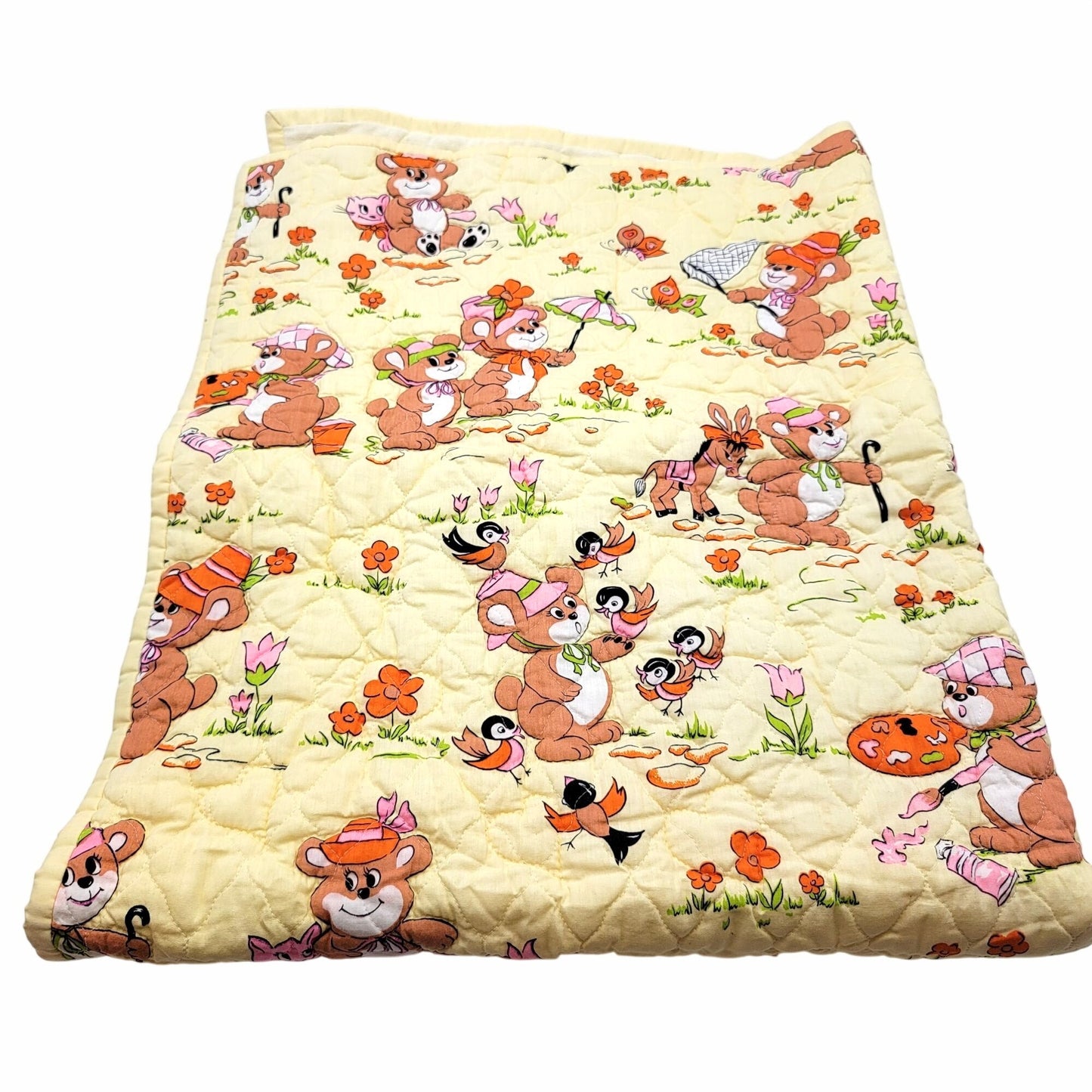 Vintage 1980s Cartoon Bear Quilted Baby Blanket Yellow Floral Reversible