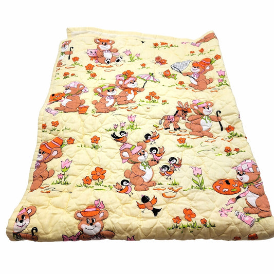 Vintage 1980s Cartoon Bear Quilted Baby Blanket Yellow Floral Reversible