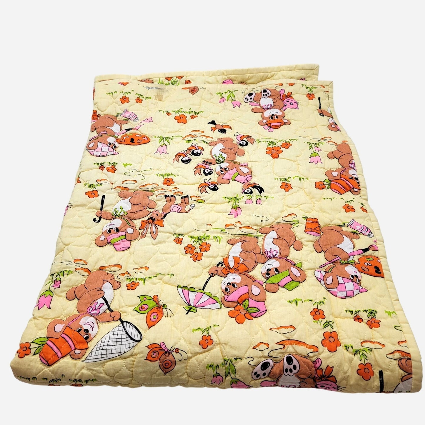 Vintage 1980s Cartoon Bear Quilted Baby Blanket Yellow Floral Reversible