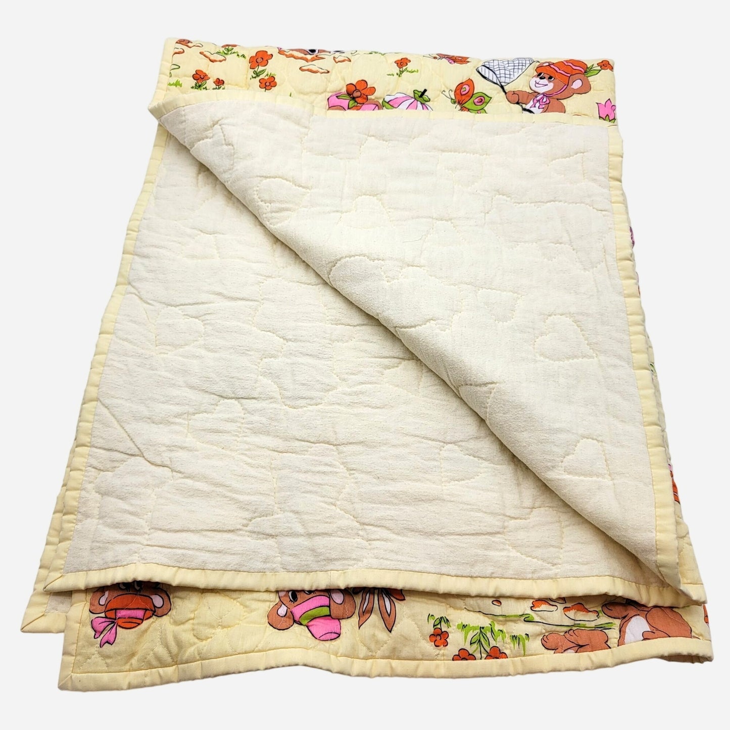 Vintage 1980s Cartoon Bear Quilted Baby Blanket Yellow Floral Reversible
