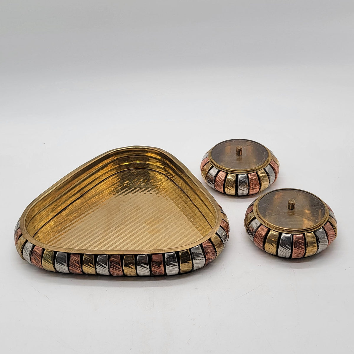 Vintage Mixed Metals Brass Copper Mukhwas Set With Tray & Lidded Jars 3-Piece Set