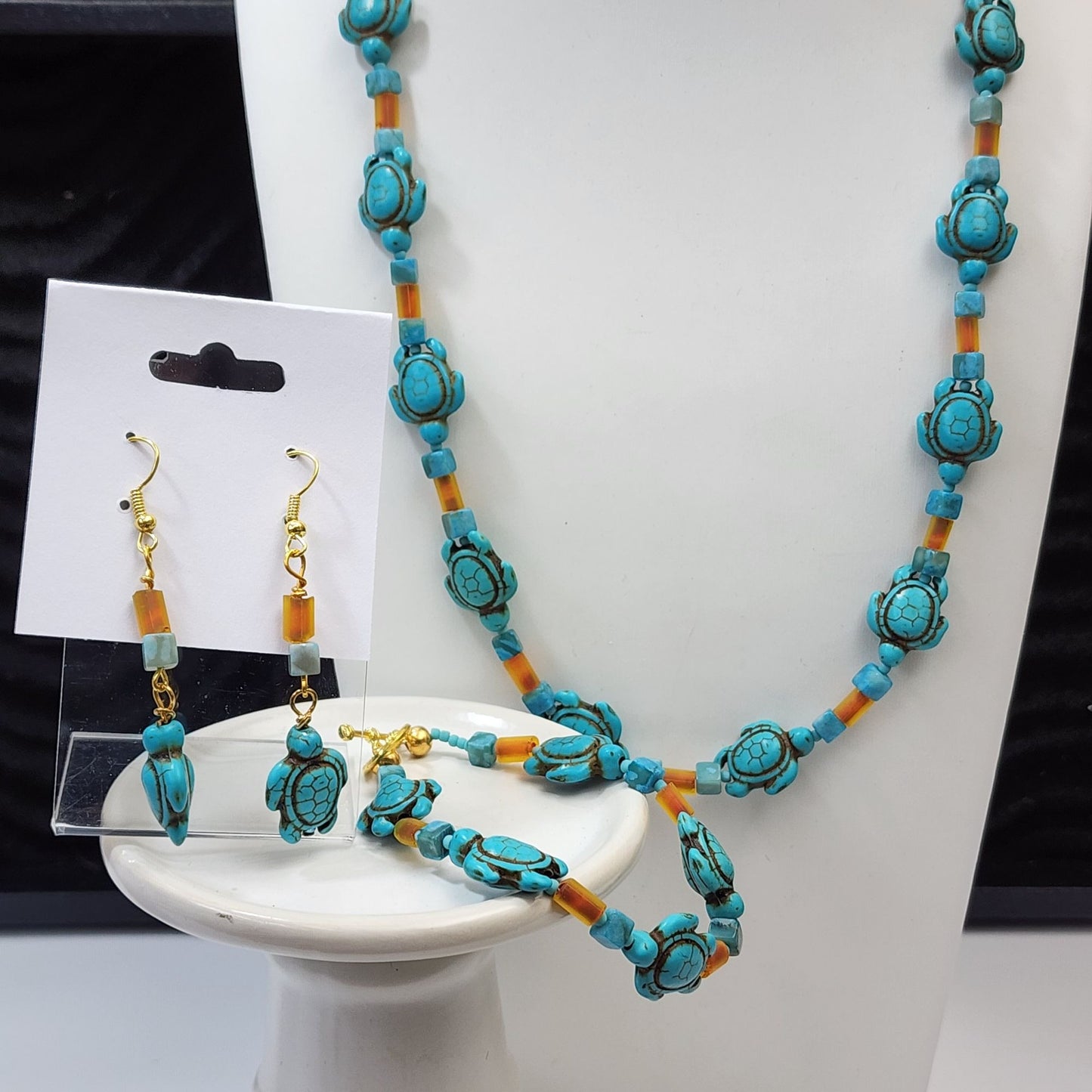 Artisan Blue Howlite Faux Turquoise and Amber Turtle Beaded Necklace Bracelet & Earring Set