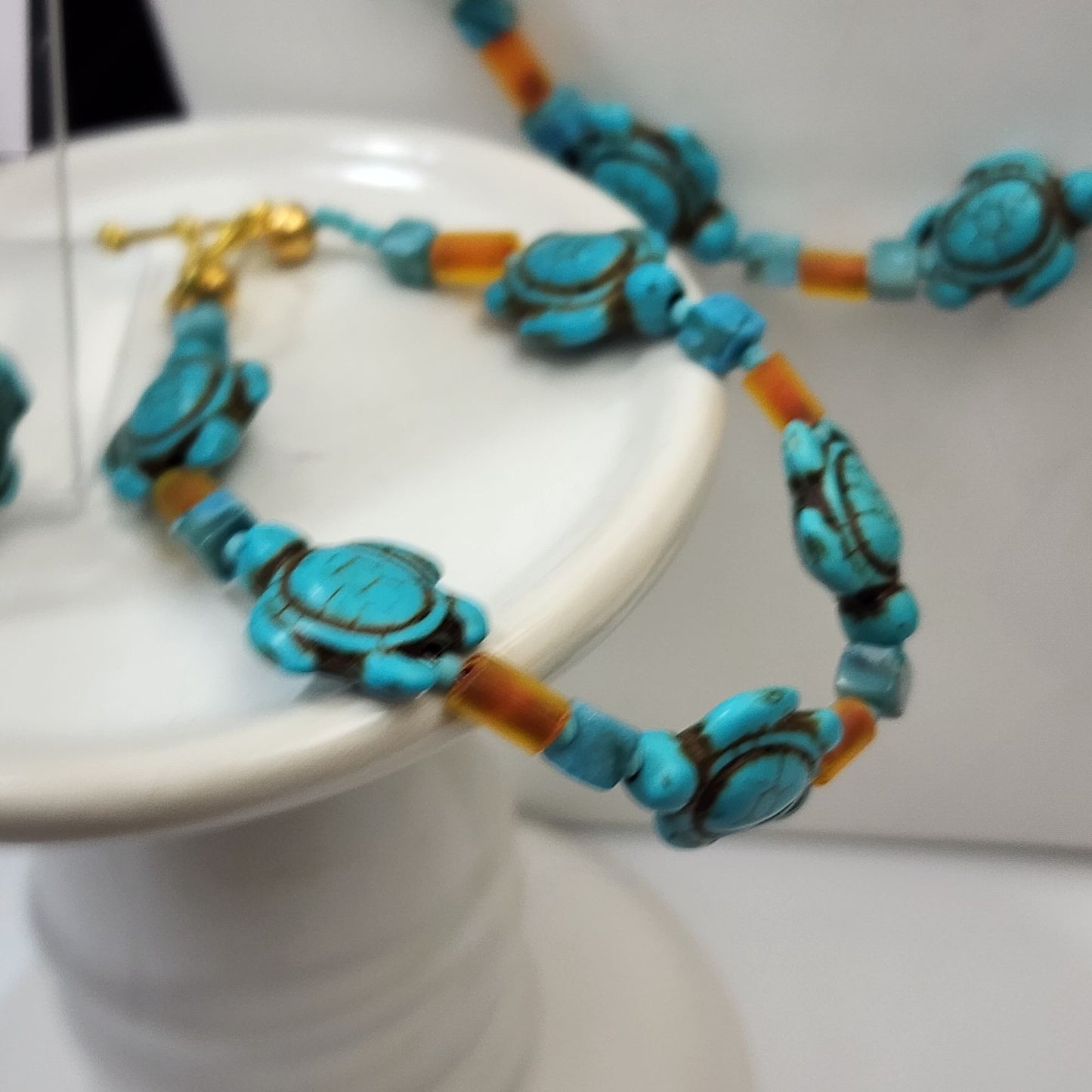 Artisan Blue Howlite Faux Turquoise and Amber Turtle Beaded Necklace Bracelet & Earring Set