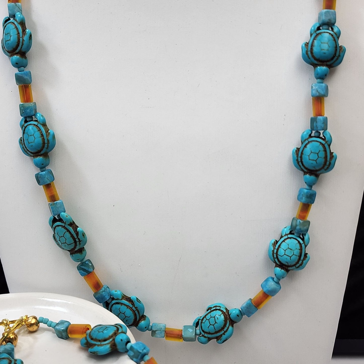 Artisan Blue Howlite Faux Turquoise and Amber Turtle Beaded Necklace Bracelet & Earring Set