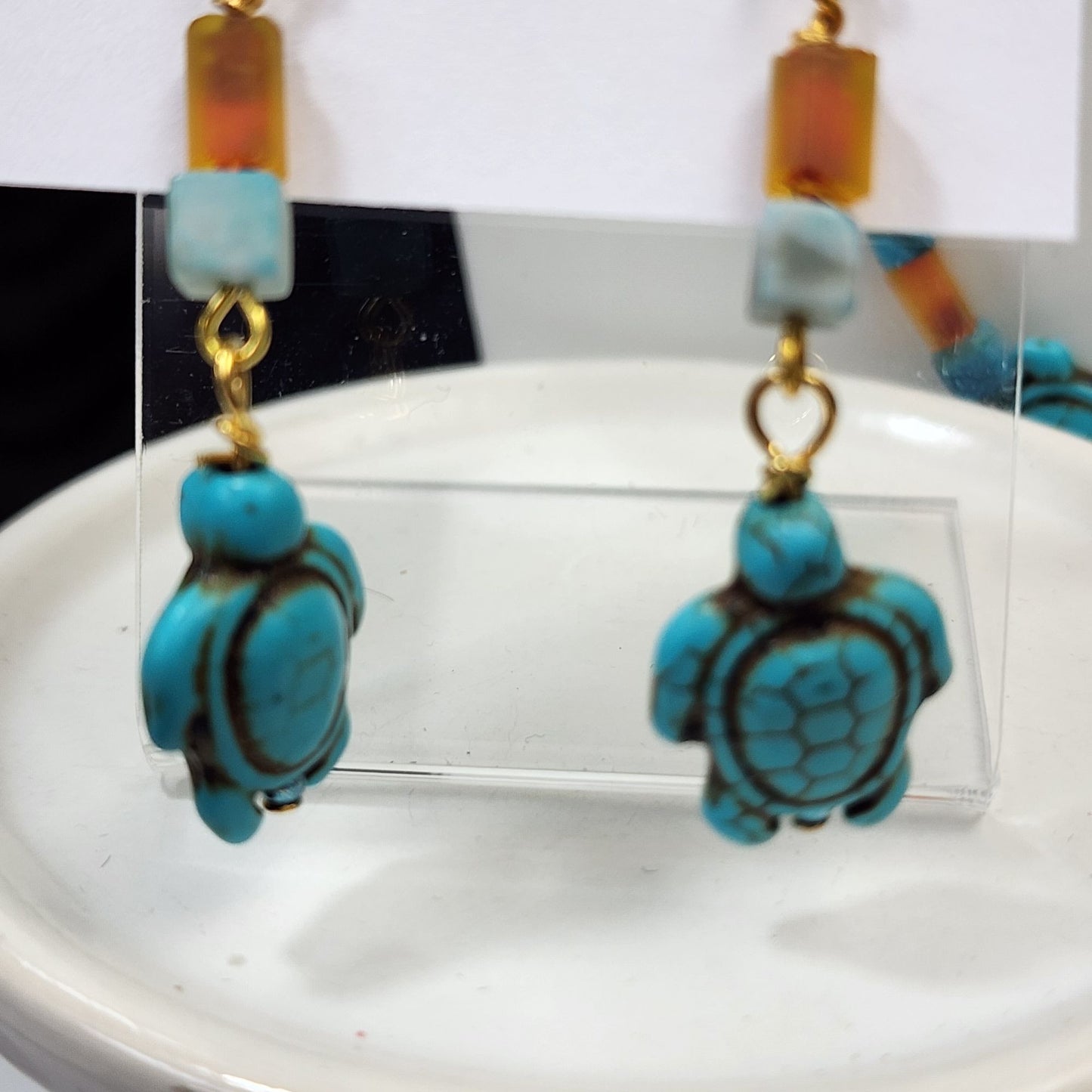 Artisan Blue Howlite Faux Turquoise and Amber Turtle Beaded Necklace Bracelet & Earring Set