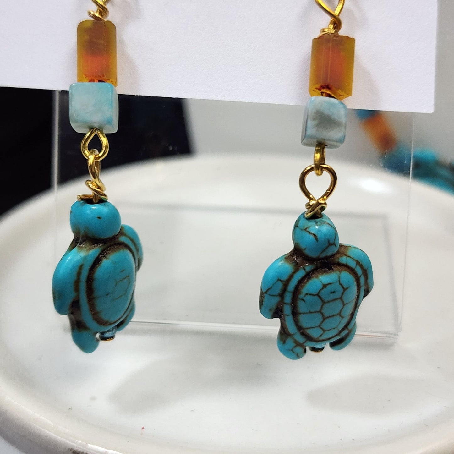 Artisan Blue Howlite Faux Turquoise and Amber Turtle Beaded Necklace Bracelet & Earring Set