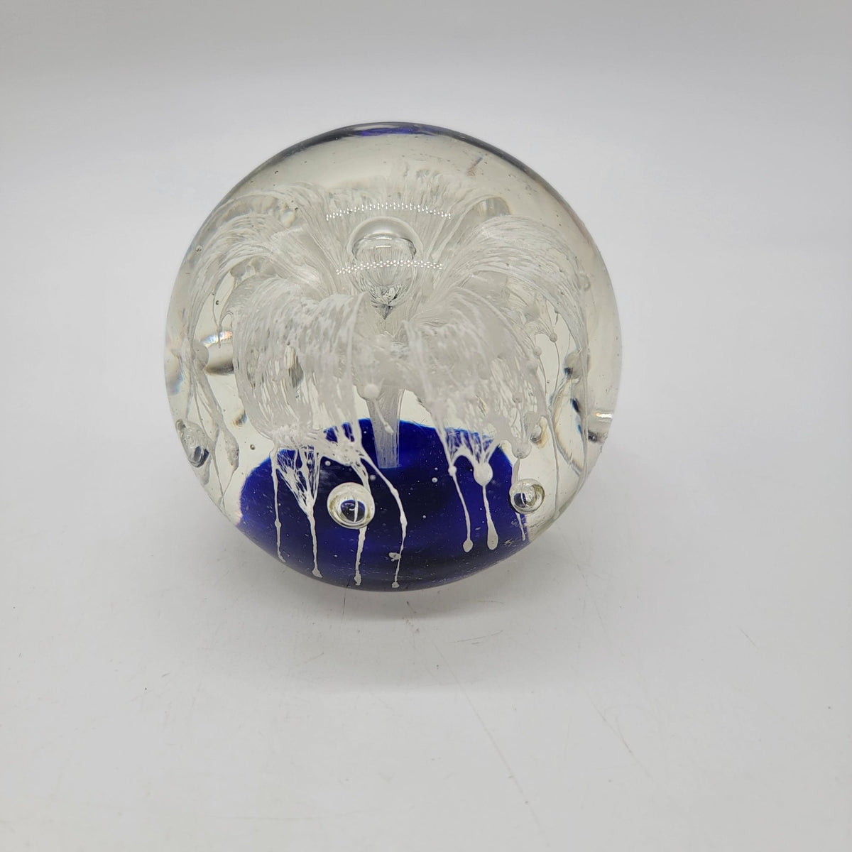 Magnum White Ghost Flower Cobalt Blue Glass Paperweight