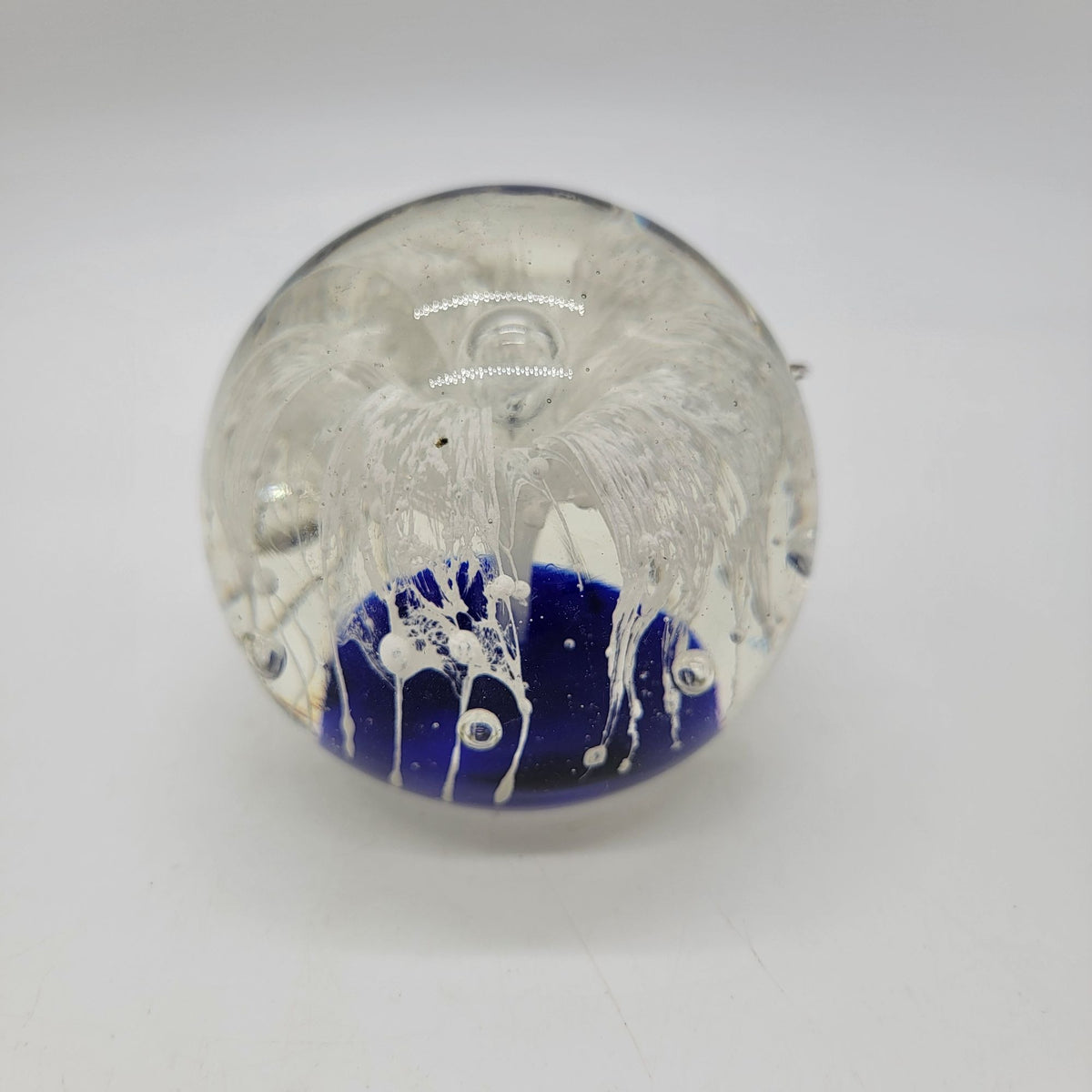 Magnum White Ghost Flower Cobalt Blue Glass Paperweight