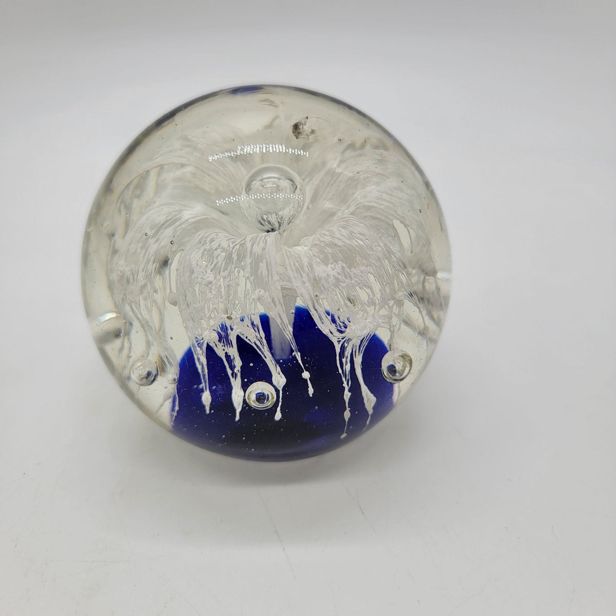 Magnum White Ghost Flower Cobalt Blue Glass Paperweight