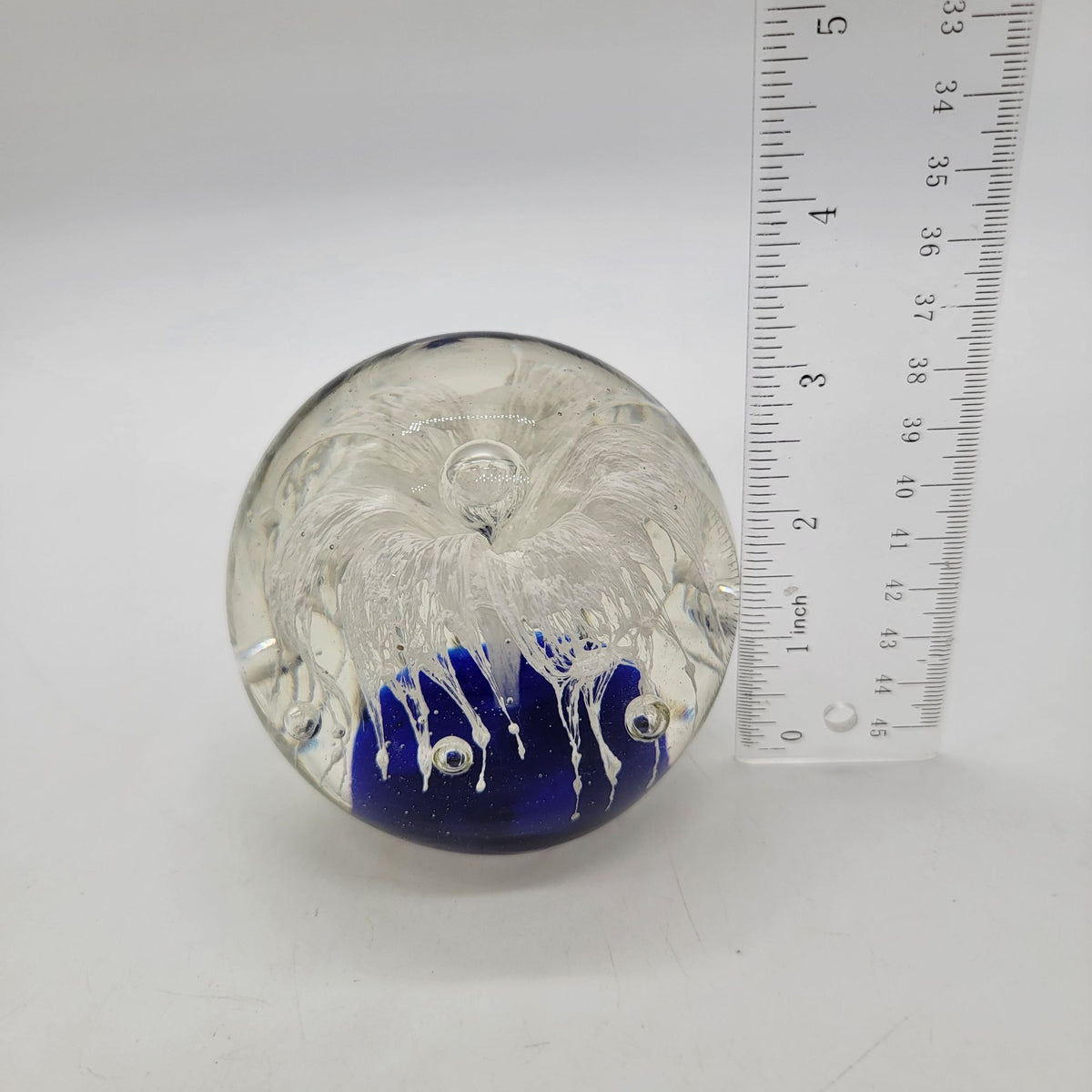 Magnum White Ghost Flower Cobalt Blue Glass Paperweight