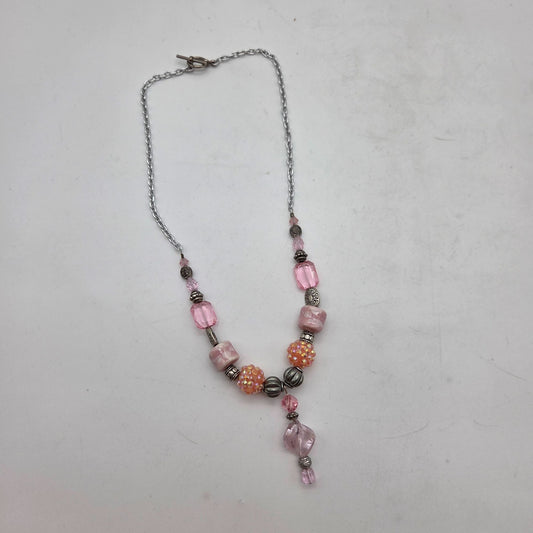 OOAK Handmade Pink Dichroic Glass Pendant Clay & Art Glass Beaded Y-Drop Necklace