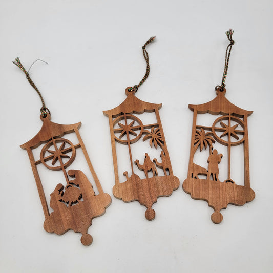Handcrafted Wooden Laser Cut Nativity Ornament Set - 3 Pieces