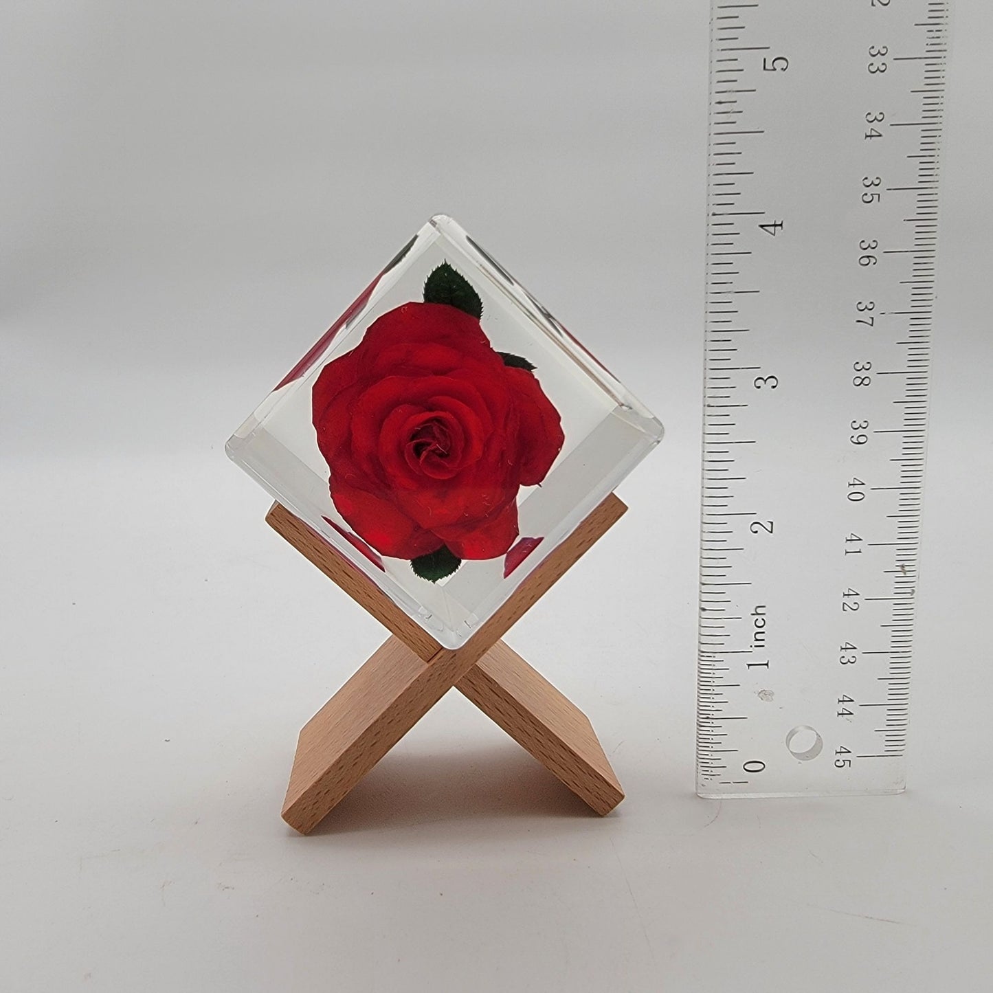 Real Red Rose Lucite Acrylic Cube on Bamboo Stand