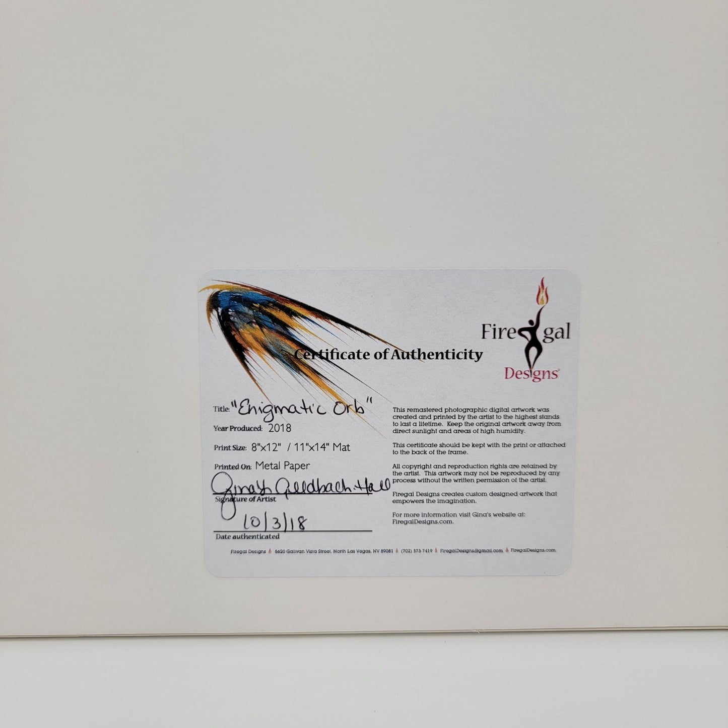 2018 "Enigmatic Orb" By Gina Geldbach-Hall Signed Metal Print 8x12" With COA