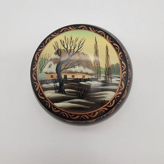 Vintage Ukrainian Lacquer Trinket Box With Village Winter Scene