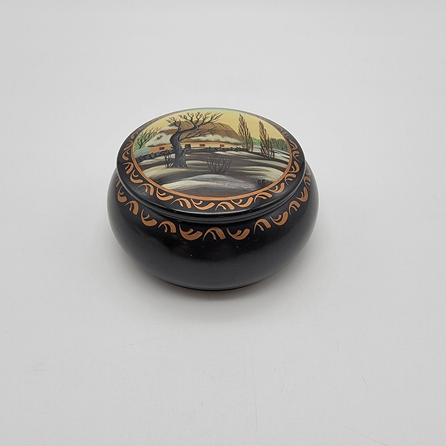 Vintage Ukrainian Lacquer Trinket Box With Village Winter Scene