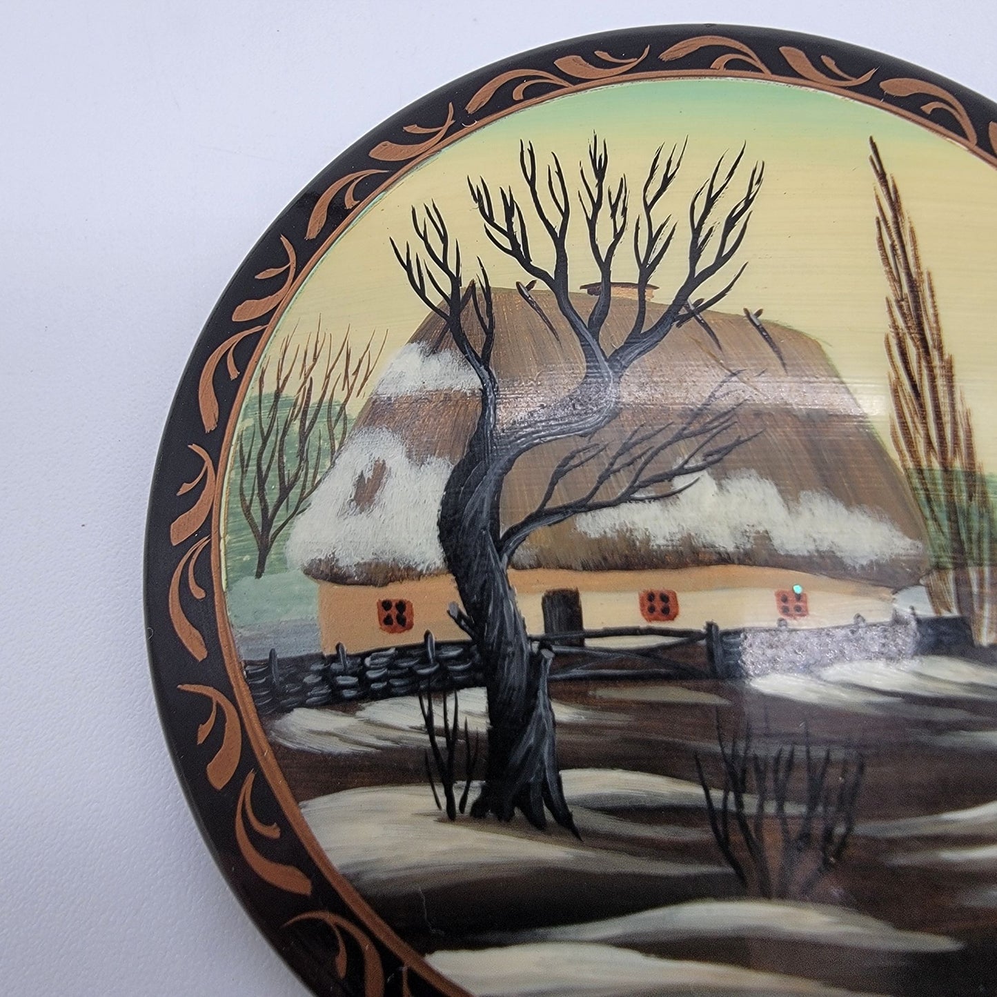 Vintage Ukrainian Lacquer Trinket Box With Village Winter Scene