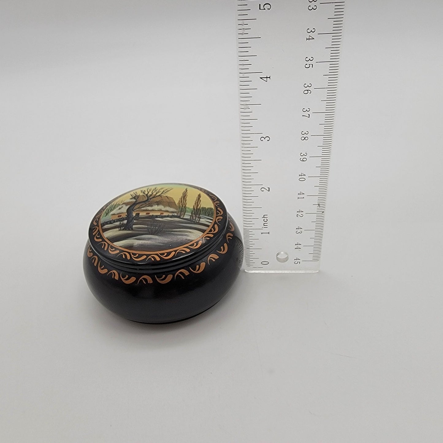 Vintage Ukrainian Lacquer Trinket Box With Village Winter Scene