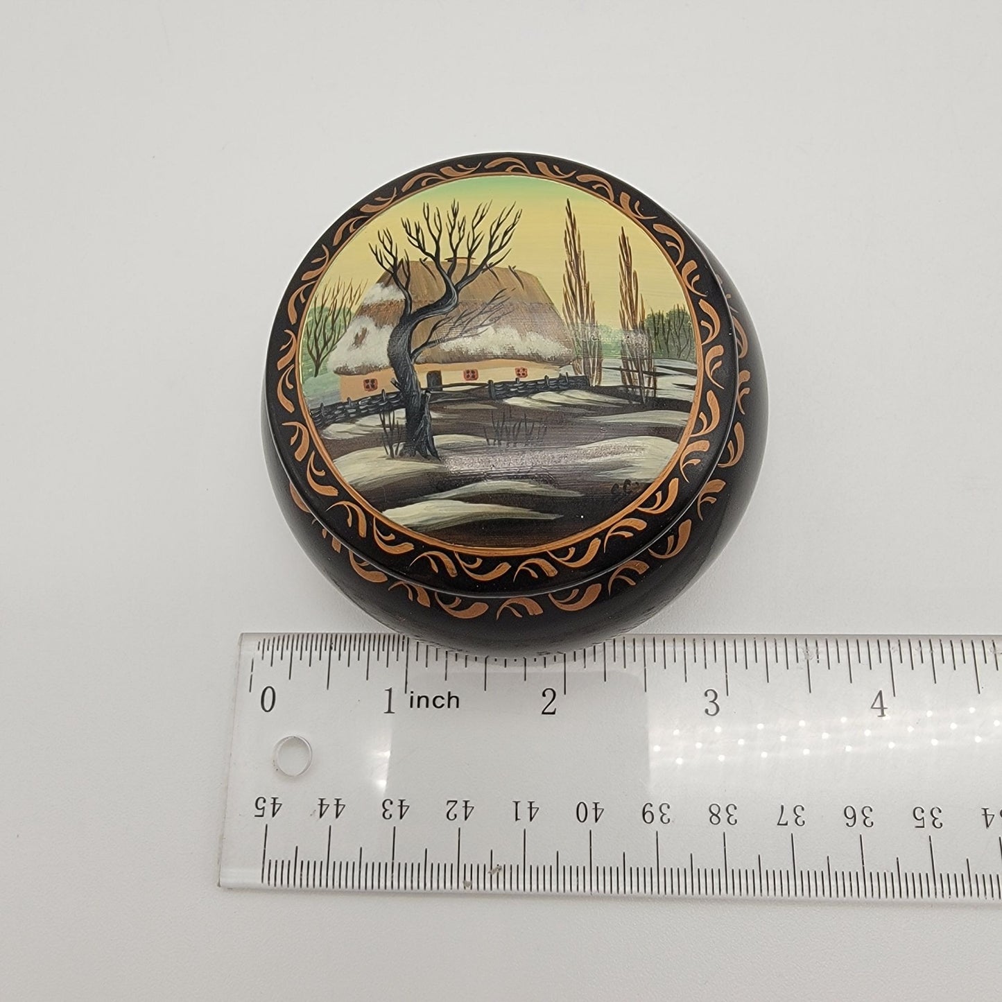 Vintage Ukrainian Lacquer Trinket Box With Village Winter Scene
