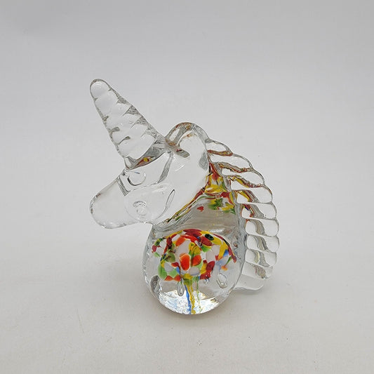 Vintage Unicorn Head Art Glass Paperweight With Millefiore