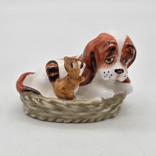 Vintage Napcoware Bone China Basset Hound & Raccoon Figurine In Basket