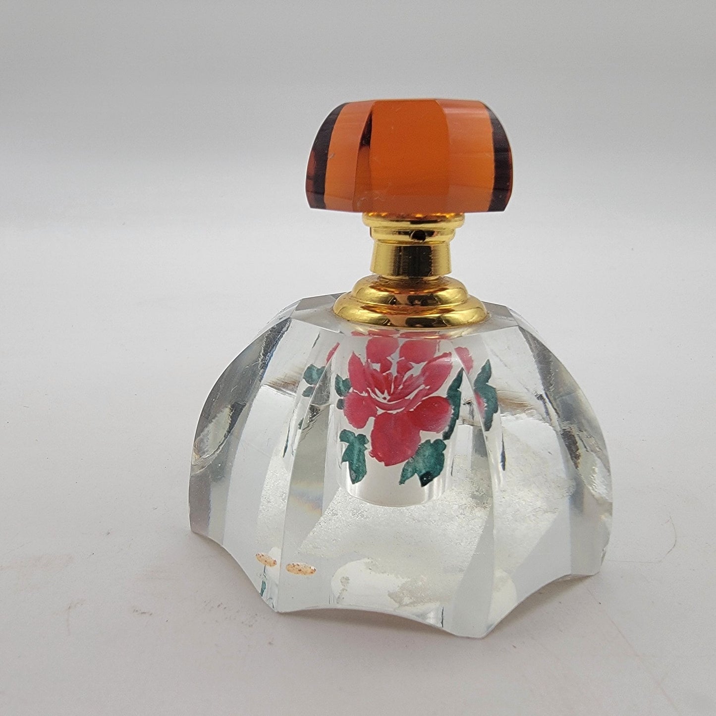 Reverse Painted Crystal Perfume Bottle Amber Stopper