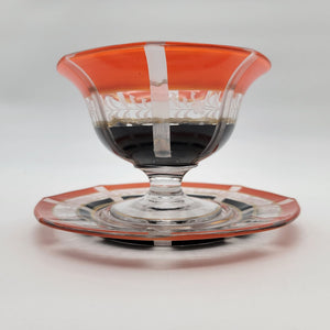 Art Deco Orange and Black Etched Glass Pedestal Bowl & Matching Underplate