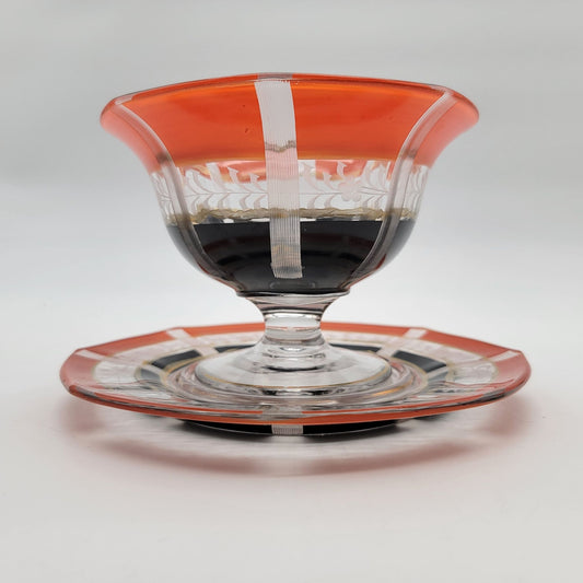 Art Deco Orange and Black Etched Glass Pedestal Bowl & Matching Underplate