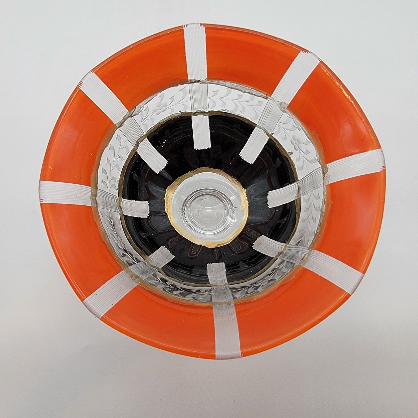 Art Deco Orange and Black Etched Glass Pedestal Bowl & Matching Underplate