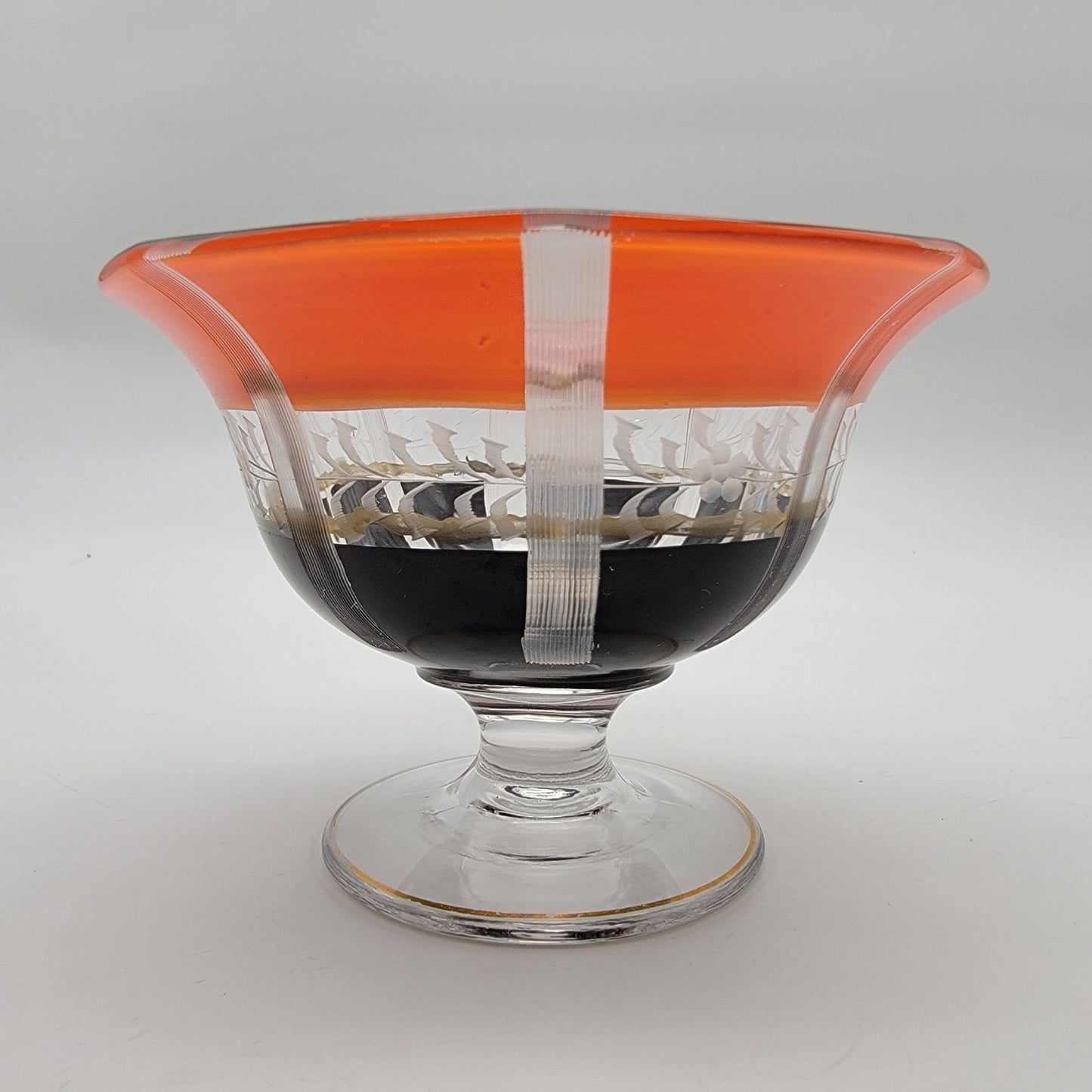 Art Deco Orange and Black Etched Glass Pedestal Bowl & Matching Underplate