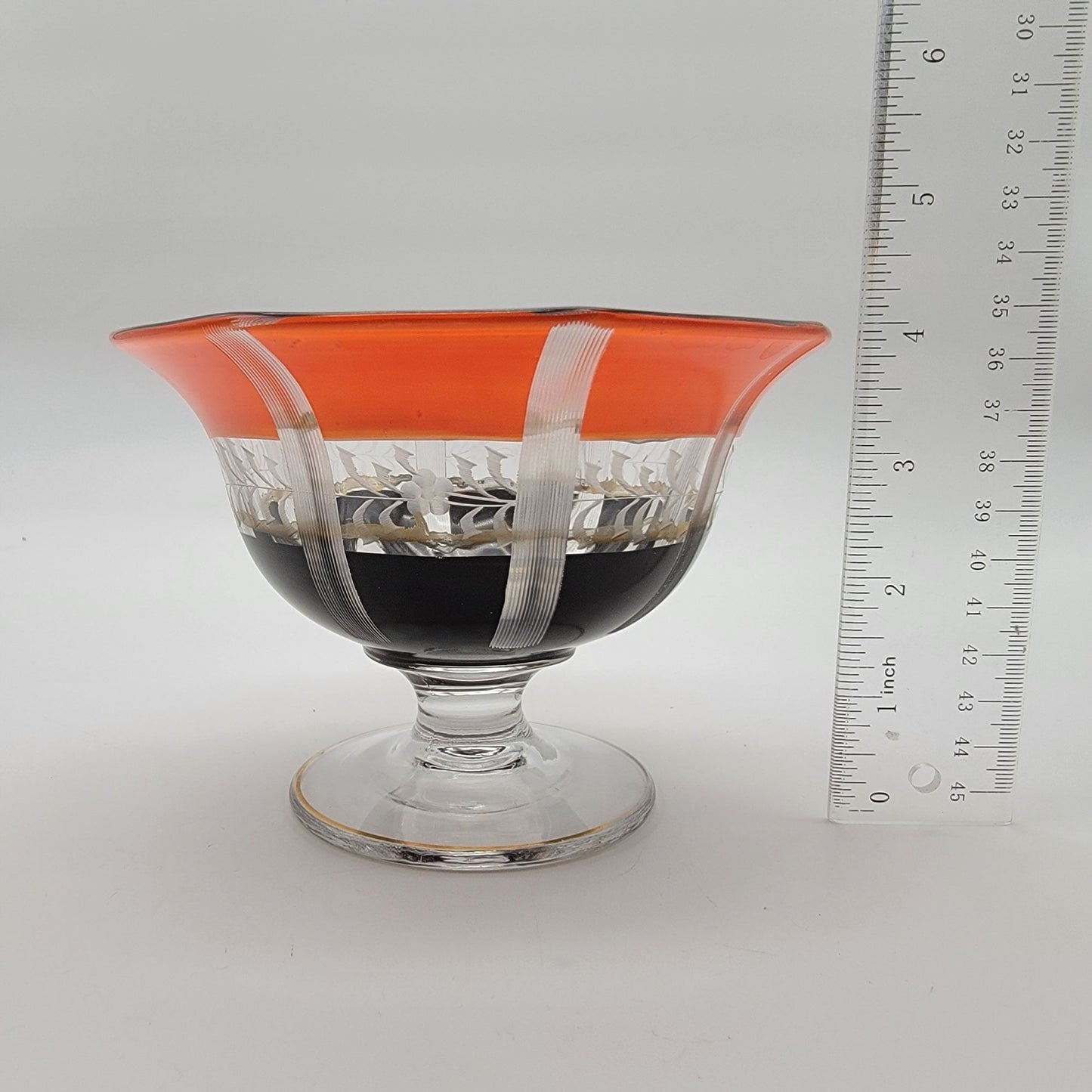 Art Deco Orange and Black Etched Glass Pedestal Bowl & Matching Underplate