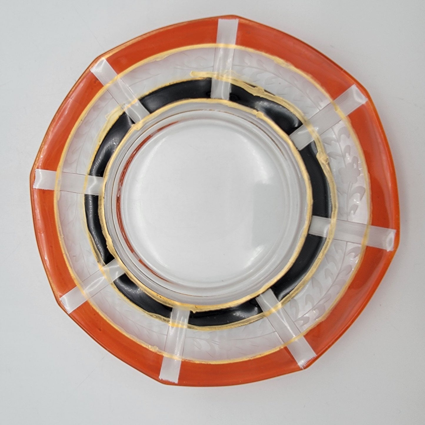Art Deco Orange and Black Etched Glass Pedestal Bowl & Matching Underplate