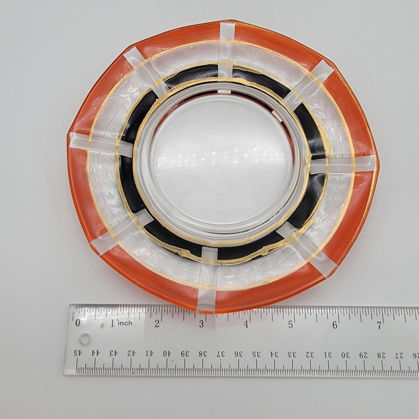 Art Deco Orange and Black Etched Glass Pedestal Bowl & Matching Underplate
