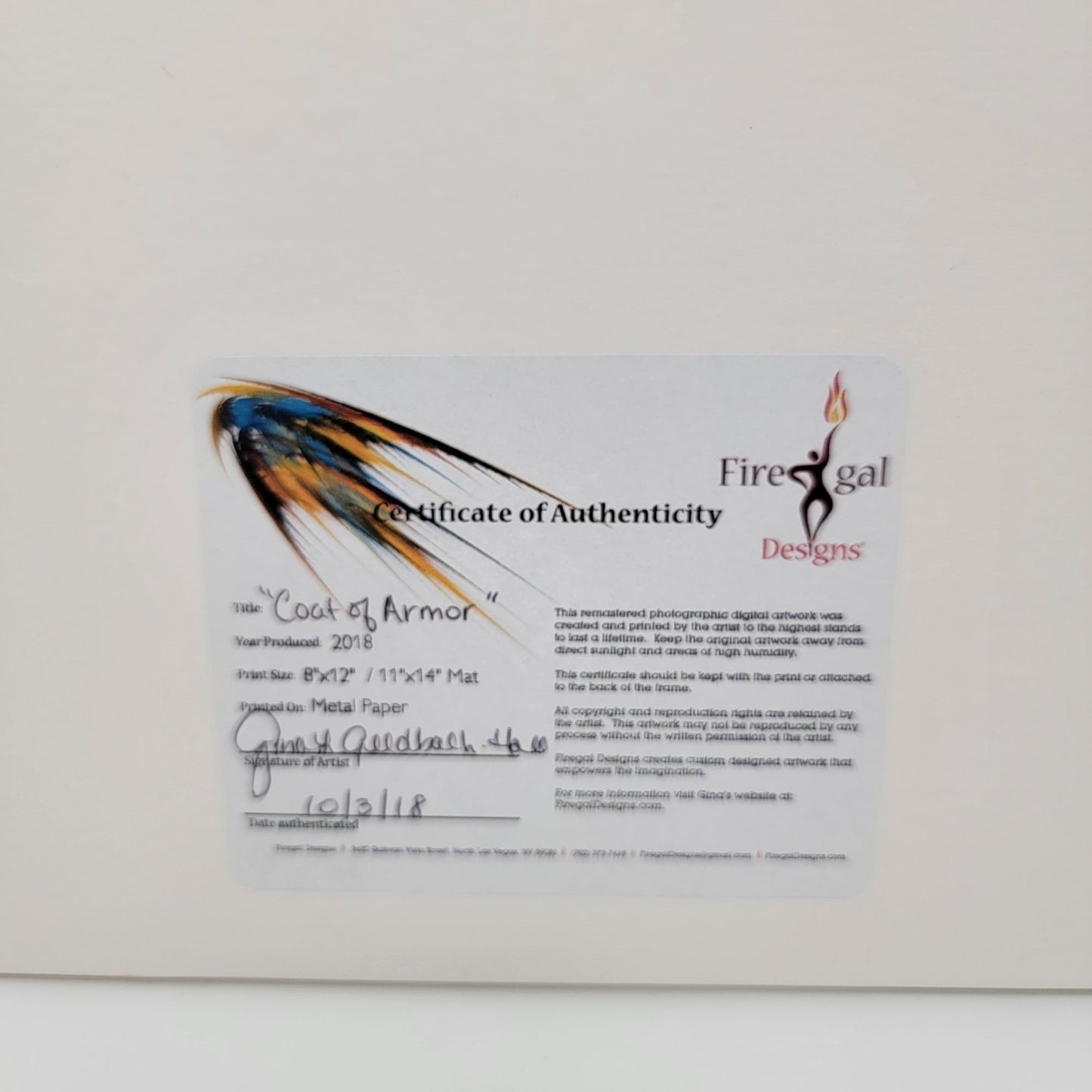 2018 "Coat Of Armor" By Gina Geldbach-Hall 8x12" Print  COA Included Firegal Designs