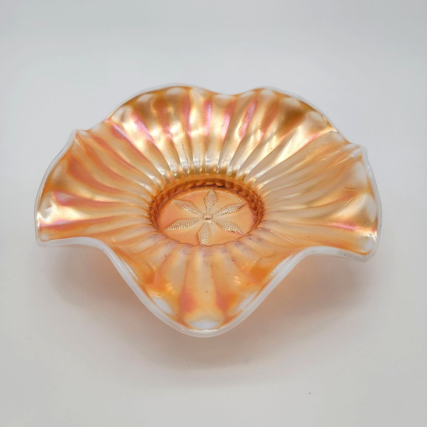 Antique Dugan Cosmos Varient Carnival Glass Peach Opalescent Bowl