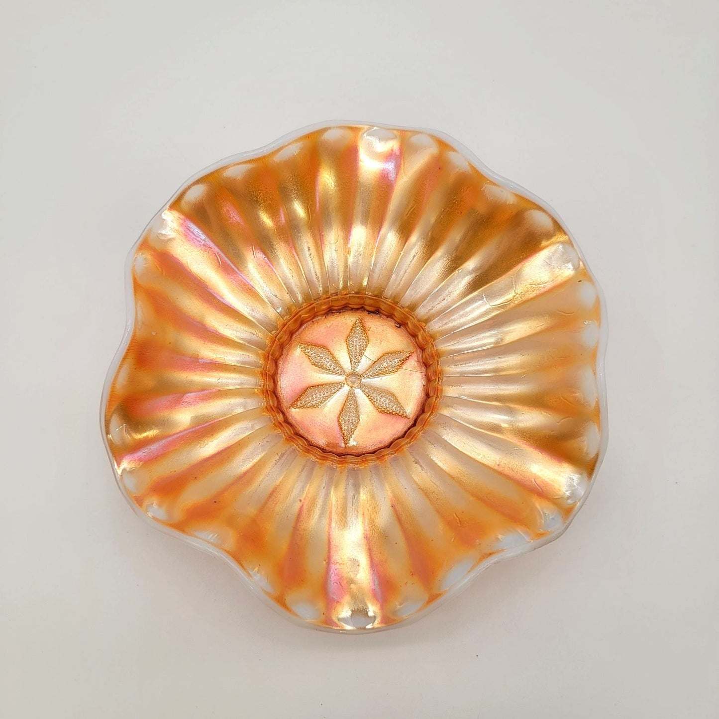 Antique Dugan Cosmos Varient Carnival Glass Peach Opalescent Bowl