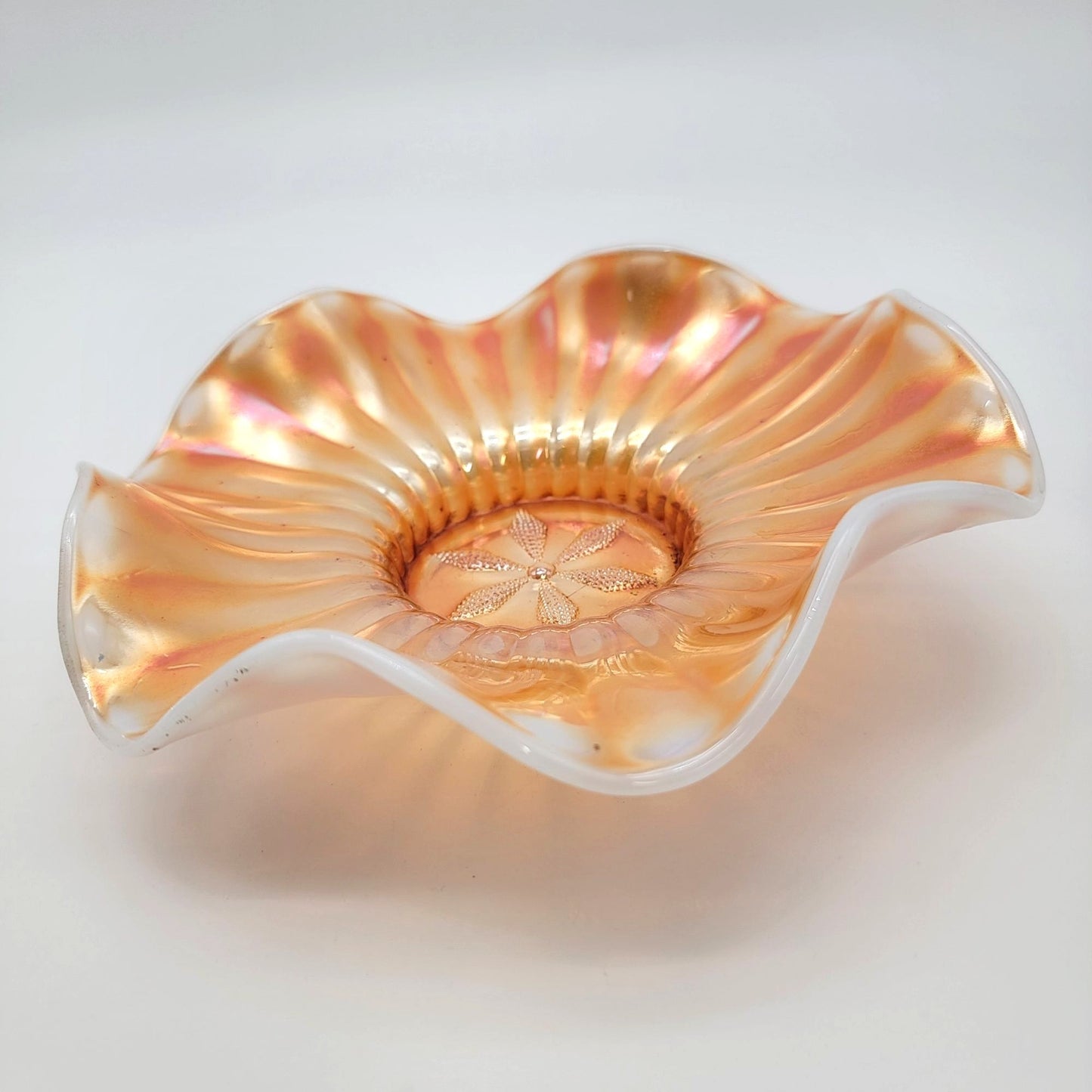 Antique Dugan Cosmos Varient Carnival Glass Peach Opalescent Bowl