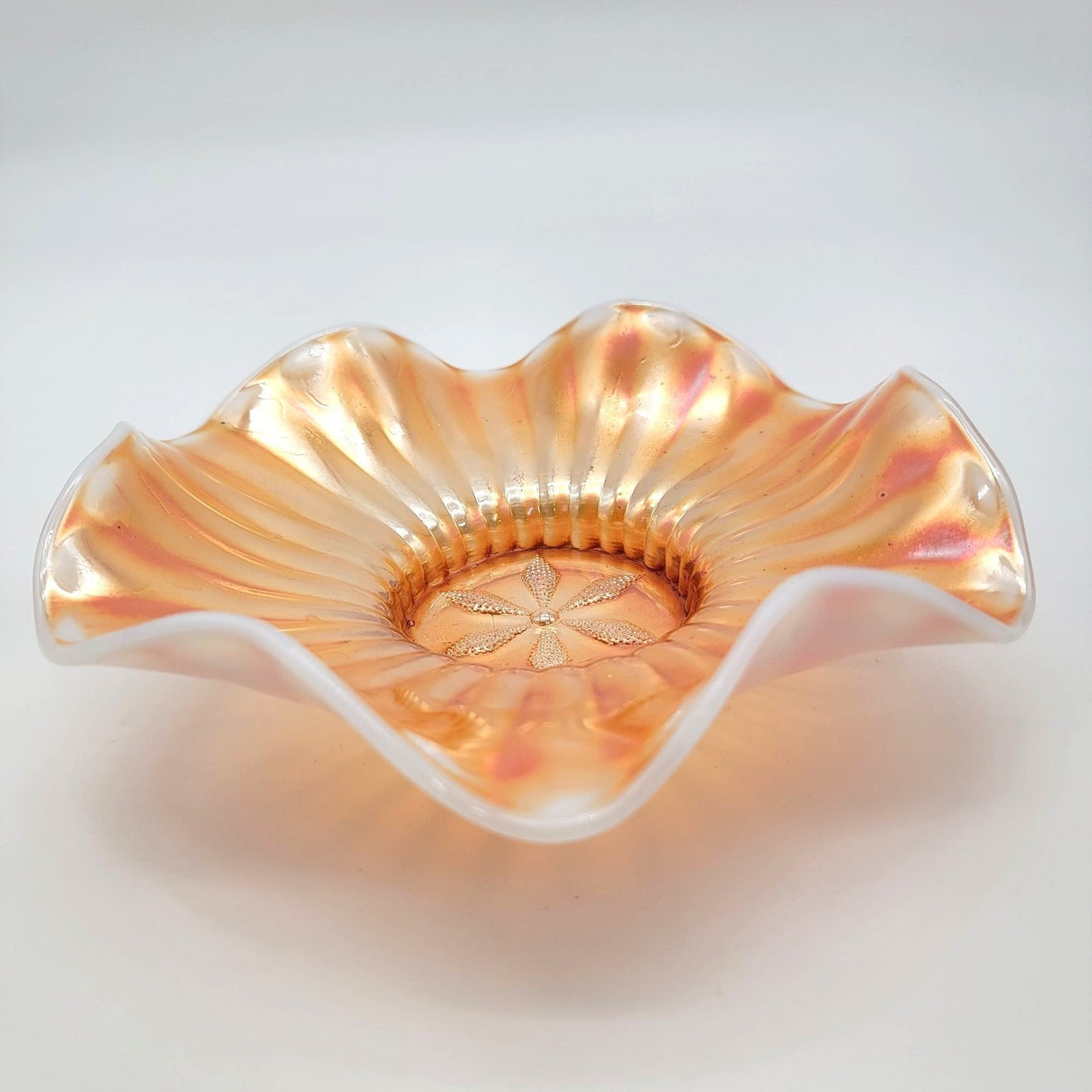 Antique Dugan Cosmos Varient Carnival Glass Peach Opalescent Bowl